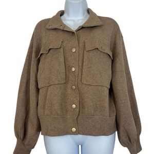 Oliver O Snap Front Jacket SzL Tan Soft Knit Shacket Utility Style Cozy Neutral